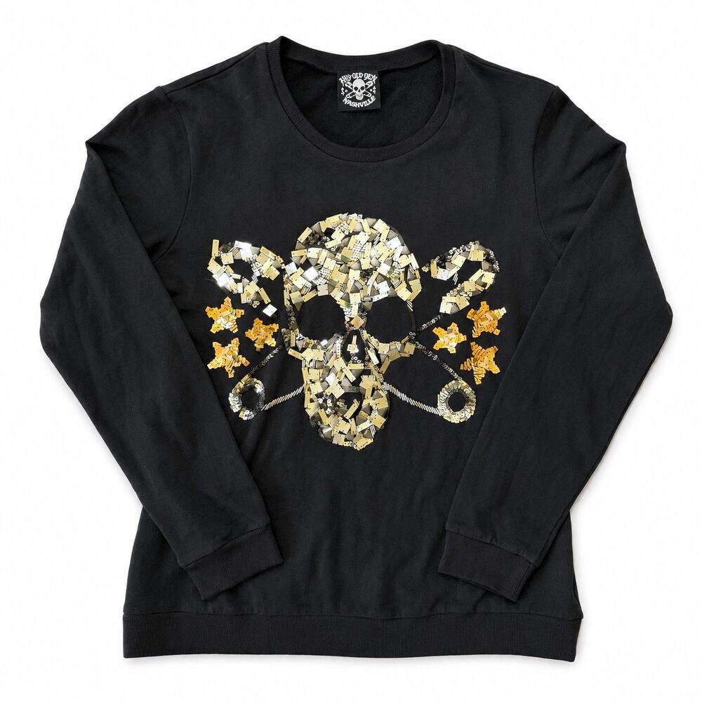 Any Old Iron Nashville Skull Safety Pin Star Black Cotton Sweatshirt Size XL